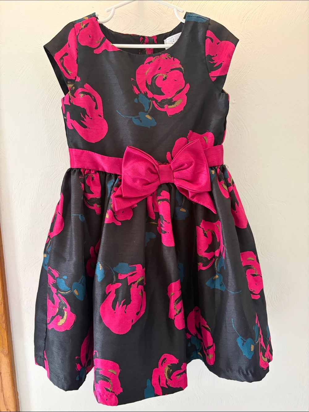 Gymboree Black Dress with Hot Pink Floral Print and Hot Pink Waist Bow